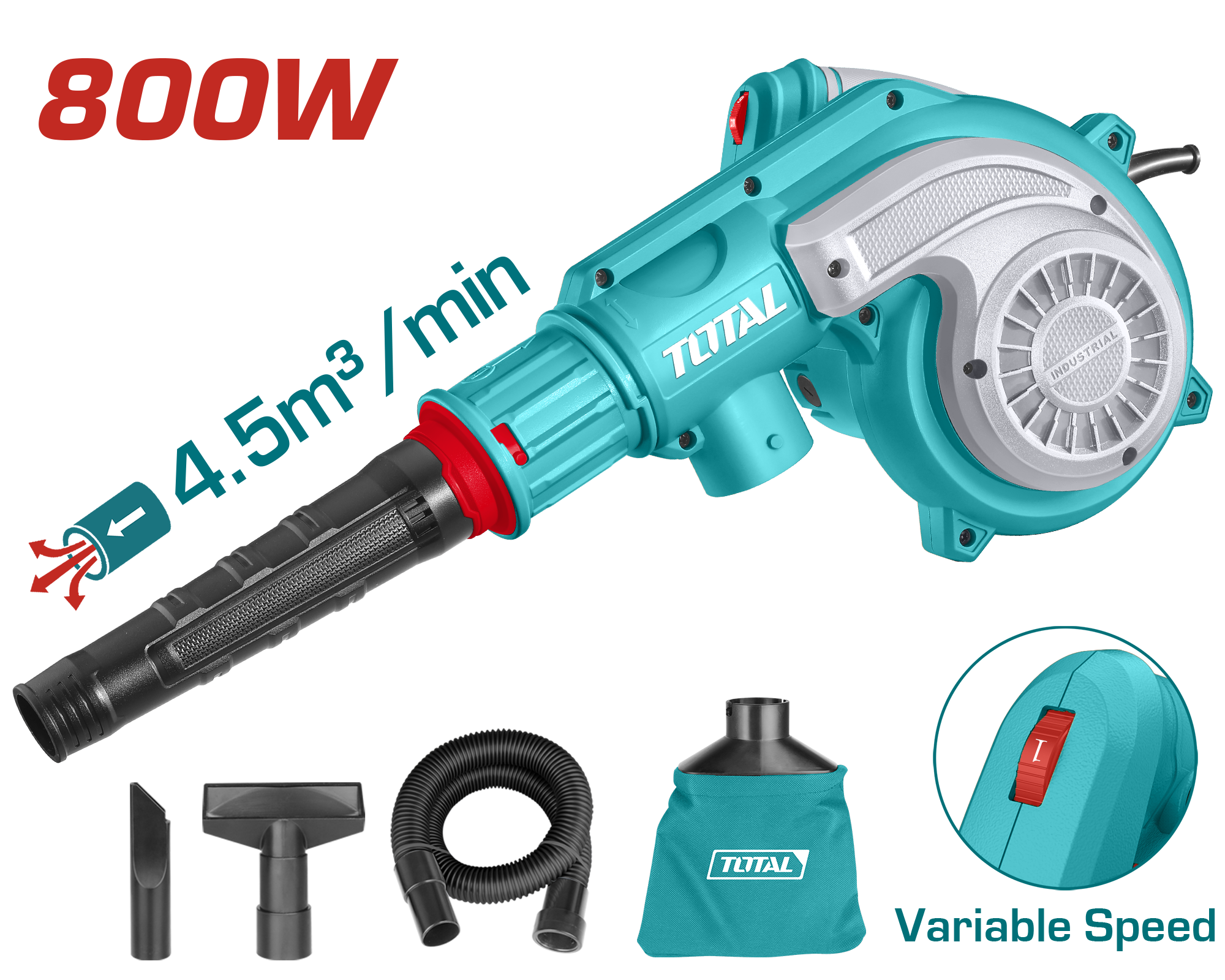 800W TOTAL Aspirator Blower TB8036 (0–15,000rpm, 0–4.5m³/min, Bag + Tube + Nozzles)