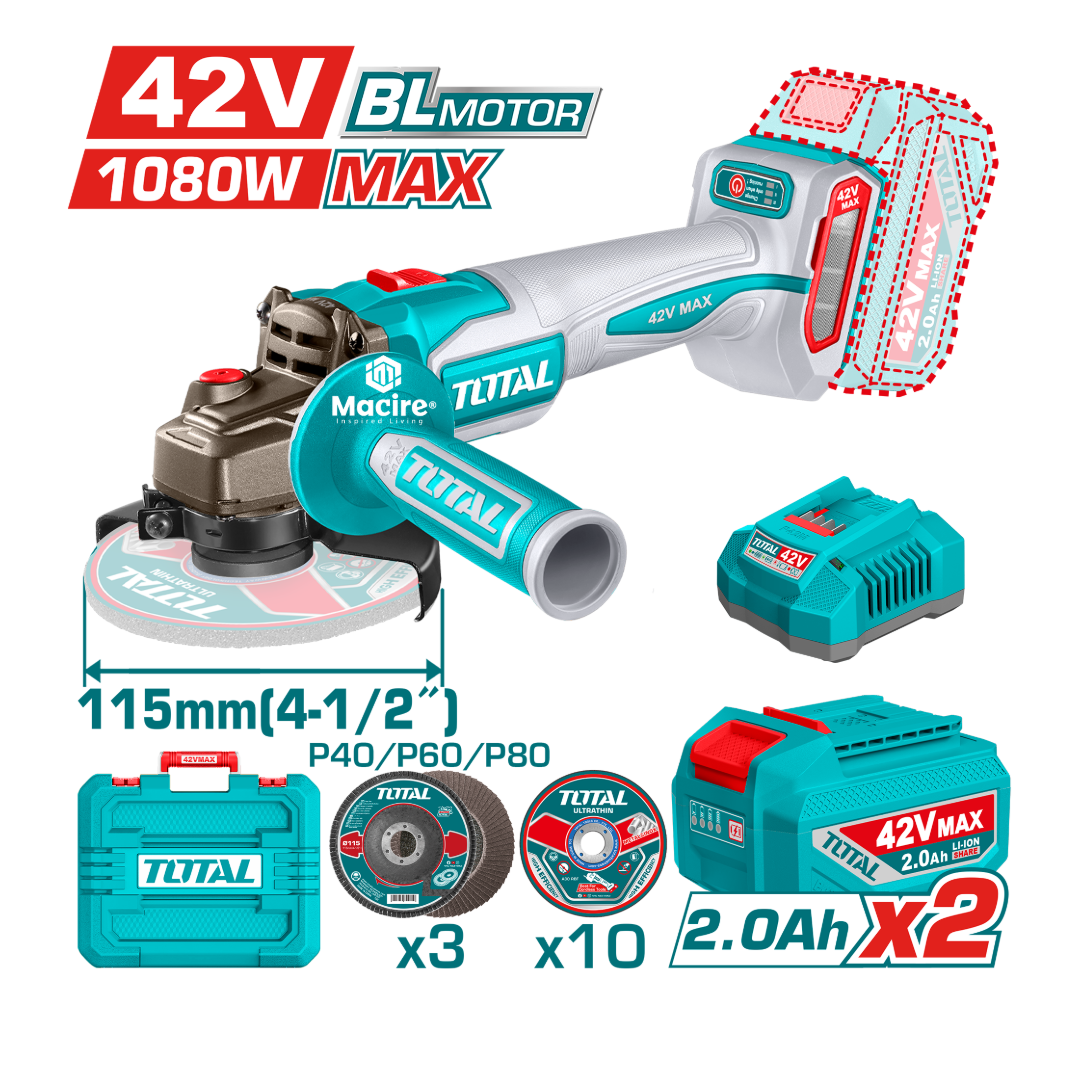 42V TOTAL 115mm Cordless Angle Grinder TAGLI4108112 (1080W Eqv. 3-Speed)