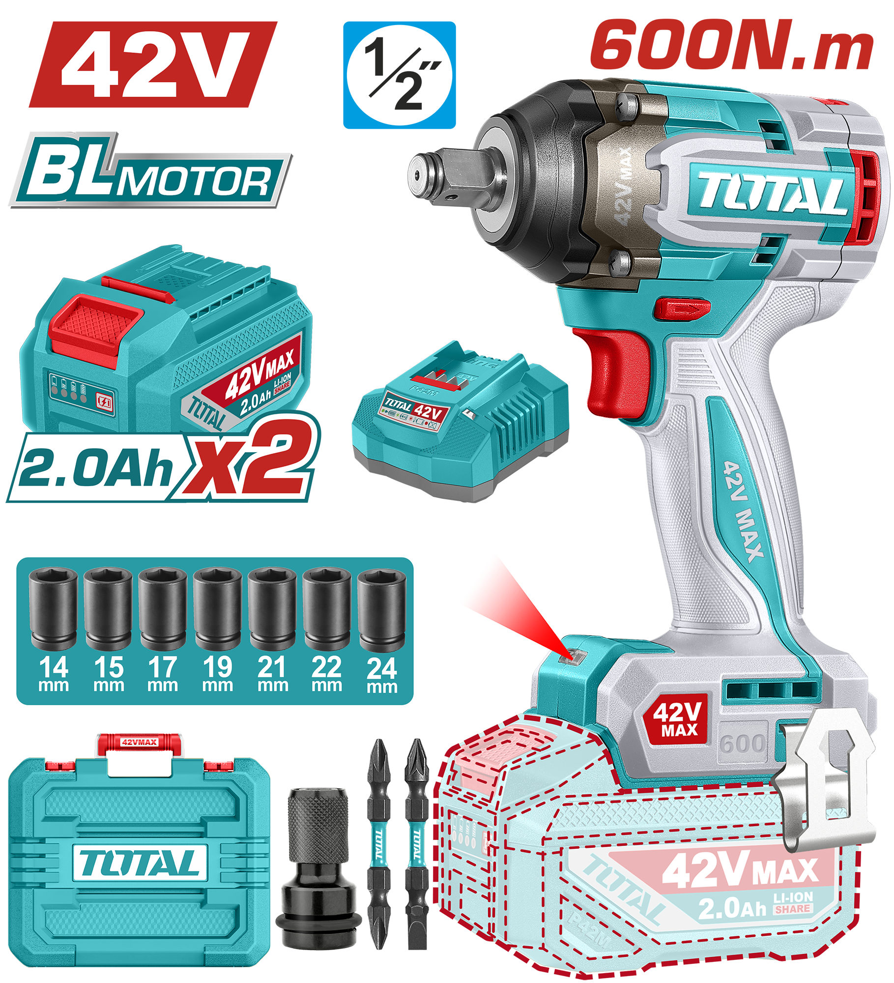 42V TOTAL Cordless Brushless Impact Wrench TIWLI42602 (1/2" 600Nm 750Nm Bust)