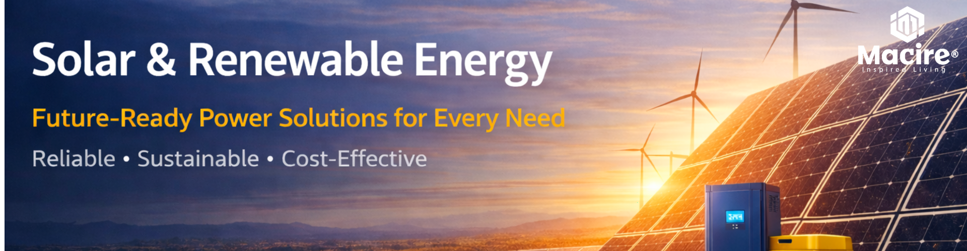 Macire Solar and Renewable Energy solutions featuring solar panels and wind turbines, delivering reliable, sustainable and cost-effective power.