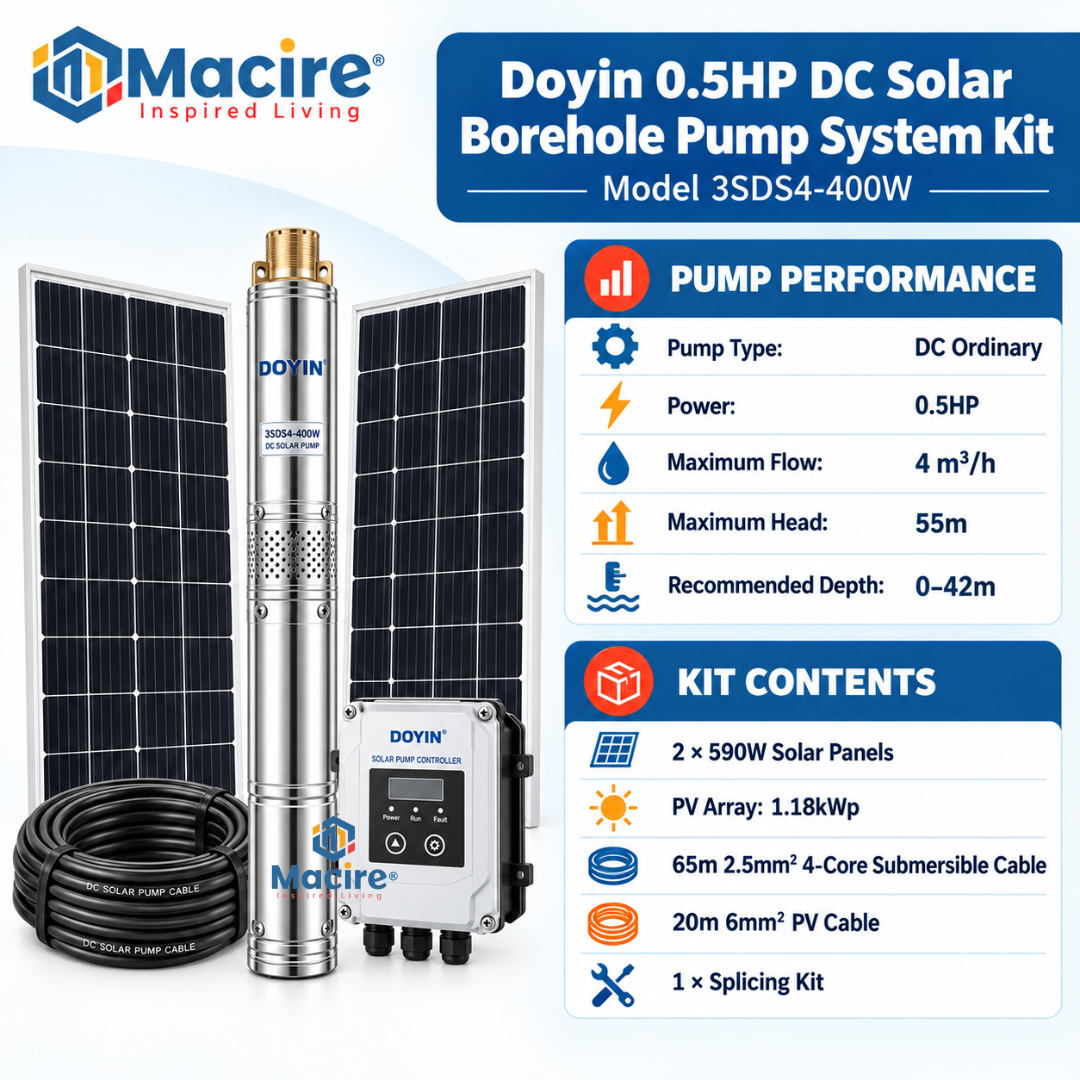 4 m³ 55m Doyin 0.5HP DC Solar Borehole Pump System Kit 3SDS4-400W 4 m³ 55m Doyin 0.5HP DC Solar Borehole Pump System Kit 3SDS4-400W