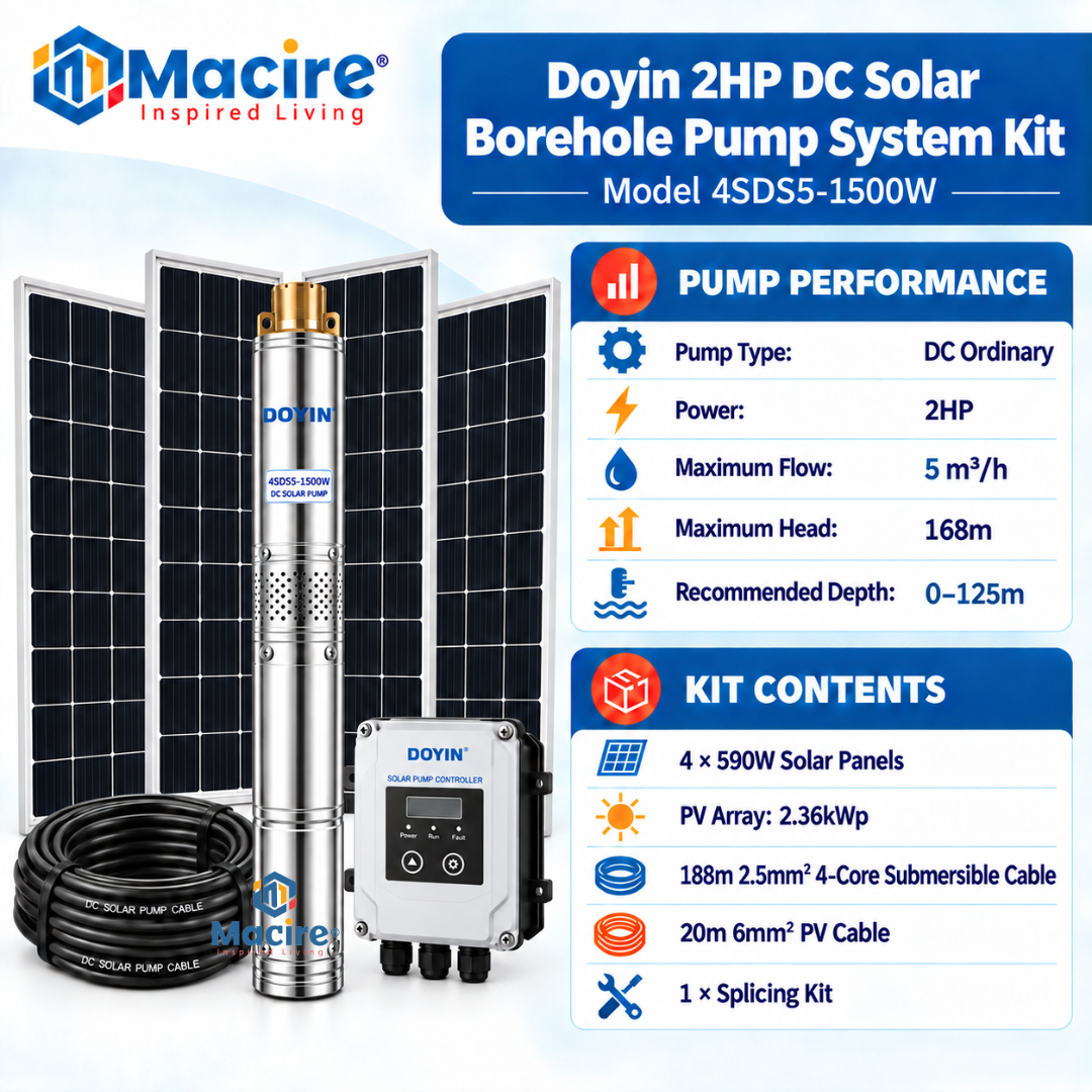 5 m³ 168m Doyin 2HP DC Solar Borehole Pump System Kit 4SDS5-1500W 5 m³ 168m Doyin 2HP DC Solar Borehole Pump System Kit 4SDS5-1500W