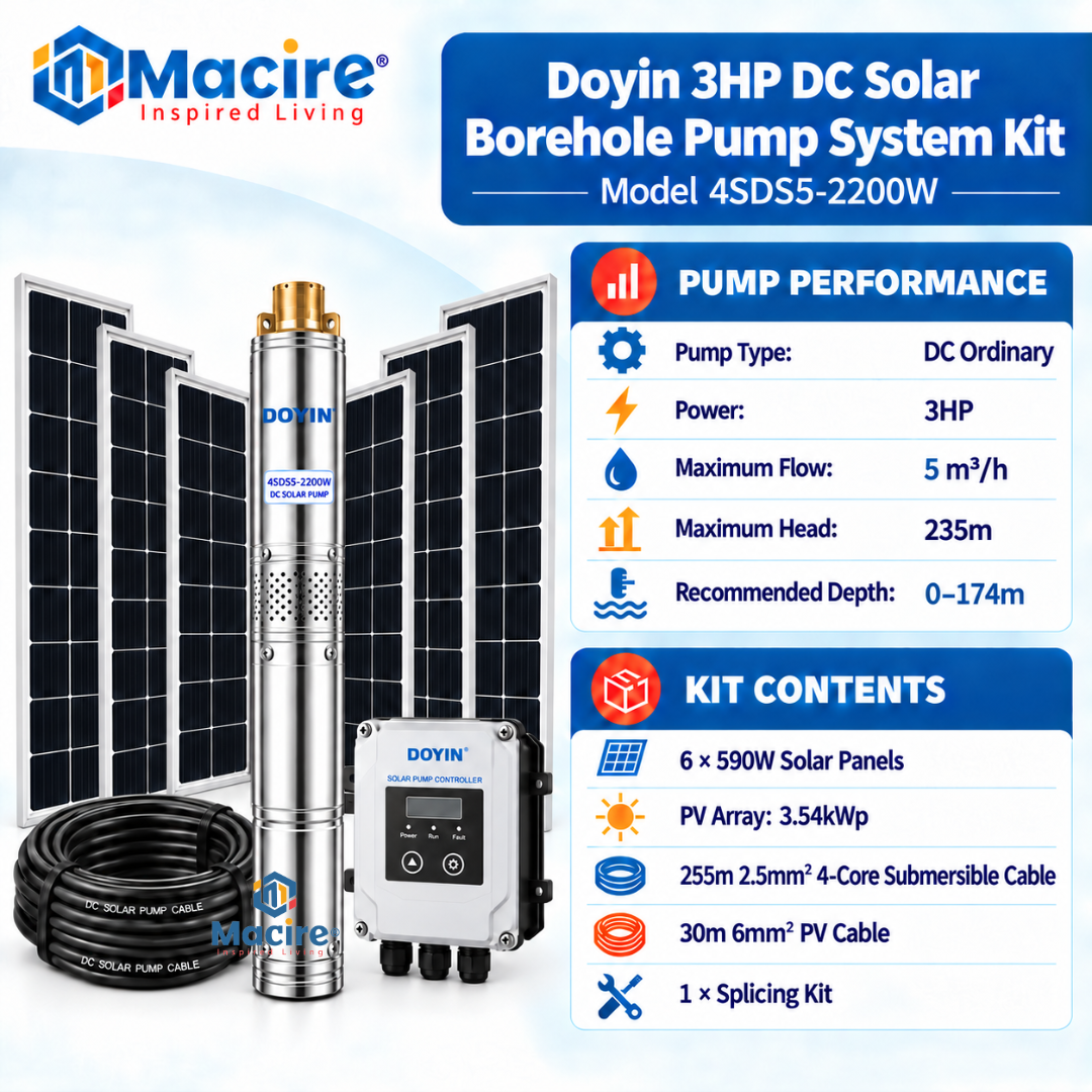 5 m³ 235m Doyin 3HP DC Solar Borehole Pump System Kit 4SDS5-2200W 5 m³ 235m Doyin 3HP DC Solar Borehole Pump System Kit 4SDS5-2200W