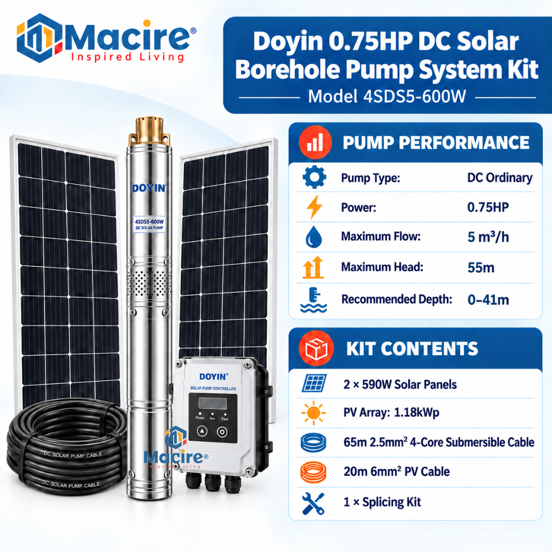 5 m³ 55m Doyin 0.75HP DC Solar Borehole Pump System Kit 4SDS5-600W 5 m³ 55m Doyin 0.75HP DC Solar Borehole Pump System Kit 4SDS5-600W