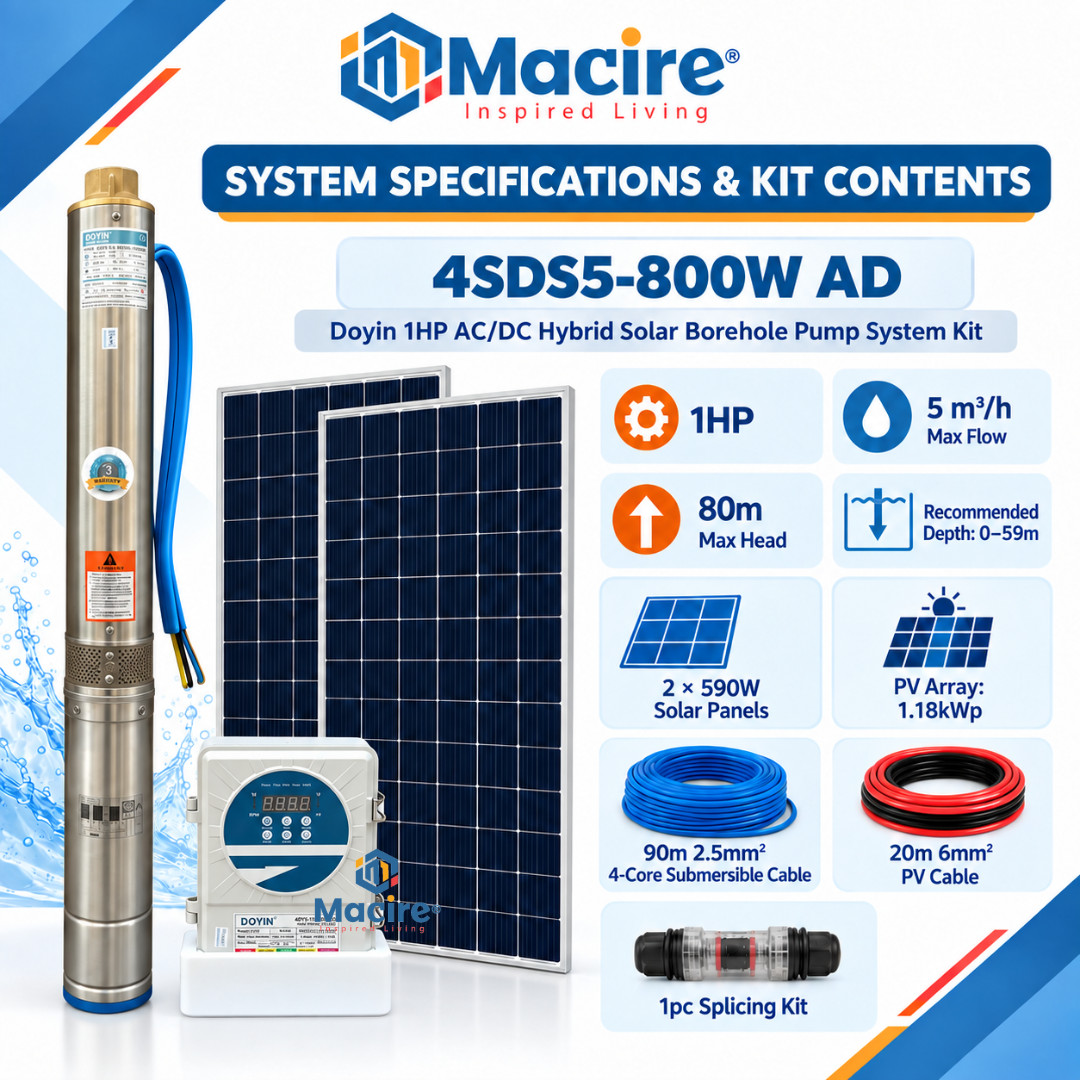 5 m³ 80m Doyin 1HP ACDC Hybrid Solar Borehole Pump System Kit 4SDS5-800W AD