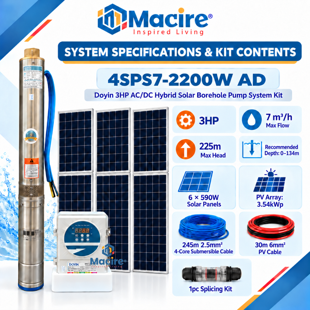 7 m³ 225m Doyin 3HP ACDC Hybrid Solar Borehole Pump System Kit 4SPS7-2200W AD